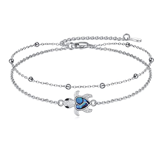 925 Sterling Silver Cat Butterfly Anklets Double Layered Chain for Birthday Women Ankle Bracelet Summer Beach Dainty Jewelry - style: D-Sea Turtle Anklet