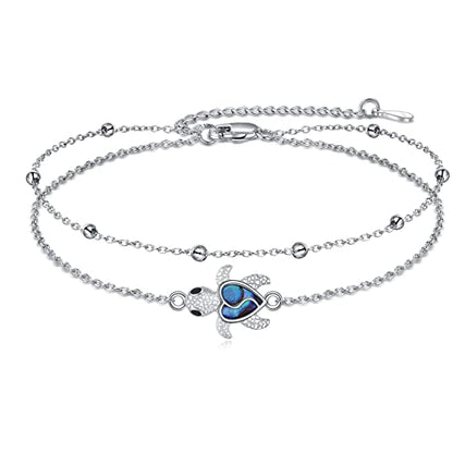 925 Sterling Silver Cat Butterfly Anklets Double Layered Chain for Birthday Women Ankle Bracelet Summer Beach Dainty Jewelry - style: D-Sea Turtle Anklet