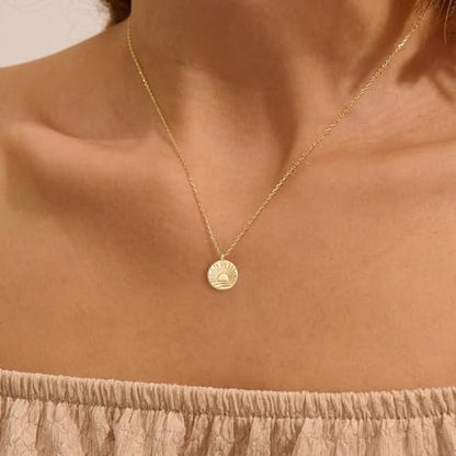 Dainty Gold Necklace: 14k Gold Plated Dianty Boots Bow Sun Moon Horse Evil Eye Conch Seahorse Necklace for Women 16.5"+2" - color: Sun Rise Coin