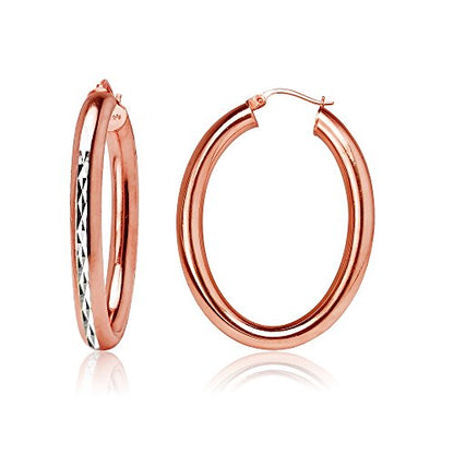 Hoops & Loops 925 Sterling Silver 4.5mm Thick Oval Diamond-Cut Hoop Earrings, 25mm 30mm, Silver, Yellow Gold, Rose Gold & Black - color: Rose Gold 30mm-1.2''
