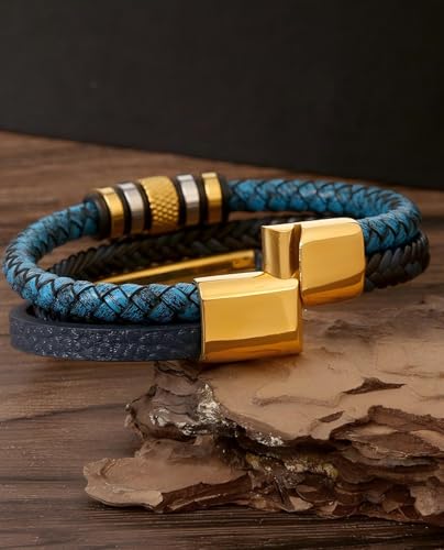 Italian Handmade Leather Bracelets for Men - color: Braided Gold Blue, size: 8.2"