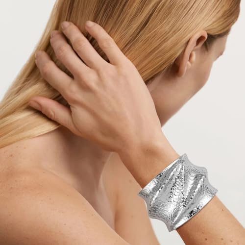 AsAlways 14K Gold Plated Hammered Cuff Bracelet for Women Wide Textured Open Cuff Bangle Statement Gold Chunky Bracelet Jewelry Gift - color: 01 Silver