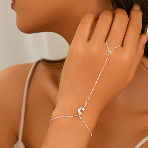 925 Sterling Silver Hand Chain Bracelet for Women | 14k Gold Plated CZ Crystal Heart Starburst Ring Bracelets Hand Chain Diamond Layered Stackable Link Chain Beach Jewelry Gifts - color: SilverE