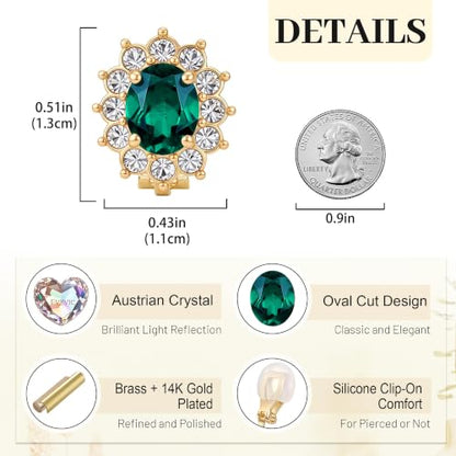 EVEVIC Oval Austrian Crystal Halo Clip On Earrings for Women | Oval Austrian Crystal with Zircon Halo,14K Gold-Plated,Silicone Comfort Pad,Gift Box Included,For Daily and Evening Events - color: Emerald Green