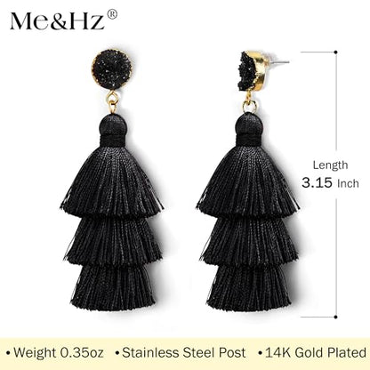 Me&Hz Colorful Layered Tassel Earrings Bohemian Statement Tiered Tassel Big Dangle Drop Earrings for Women Druzy Studs Valentine’s Day Gift - color: Black