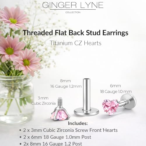 Titanium Heart CZ Labret Stud Earrings for Piercings by Ginger Lyne 6Pc Set G23 Screw Front Flat Back Body Jewelry 2 pair post 6mm, 8mm Cartilage, Helix, Tragus, Lip, Conch, Lobe - color: 3mm-Pink