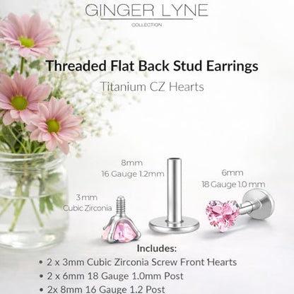 Titanium Heart CZ Labret Stud Earrings for Piercings by Ginger Lyne 6Pc Set G23 Screw Front Flat Back Body Jewelry 2 pair post 6mm, 8mm Cartilage, Helix, Tragus, Lip, Conch, Lobe - color: 3mm-Pink