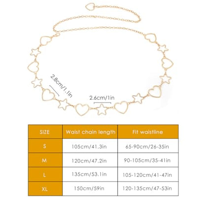 Waist Chain Belts Women Girls Metal Belly Link | Adjustable Waist Belt for Jeans and Dress - color: Gold Heart, size: S: 41.3 in