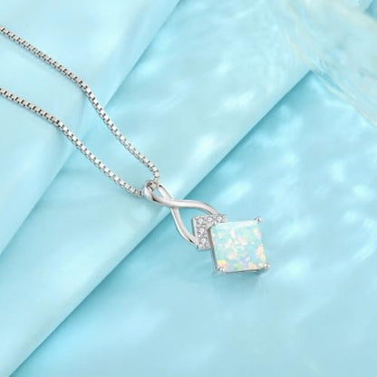 Infinity Necklace 925 Sterling Silver Princess Cut Pendant Birthstone Jewelry for Women - color: lridescent White