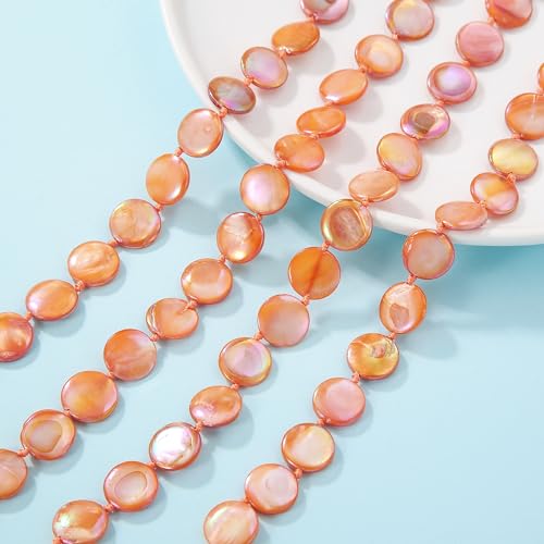 Firstmeet Flat Round Coin Shell Beads Long Knotted Necklace Natural Mother of Pearl Handmade Jewelry For Women - color: S-Orange AB
