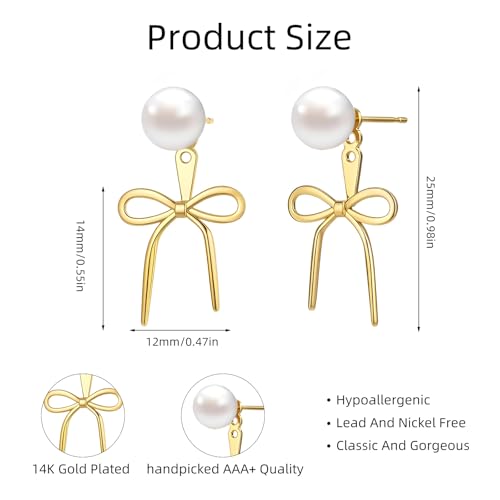 Gold Silver Pearl Earrings for Women - Hoop Earrings for Women Trendy 14K Gold Plated/Silver Twist Rope Bow Stud Bow Pearl Huggie Earring Hoops Pearls Dangle Cubic Zirconia Earring Jewelry Gift Womens - color: Gold bow