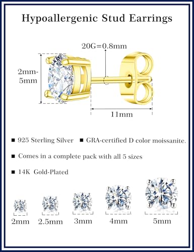 5 Pairs Moissanite Sterling Silver Stud Earrings Set for Women, Hypoallergenic, 2mm, 3mm, 4mm, 5mm - color: 14K Gold