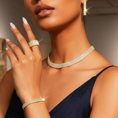 Aukmla Rhinestones Bridal Wedding Jewelry Set Silver Choker Necklaces Earrings Bracelet Ring Sets Prom Jewelry for Women - color: Gold