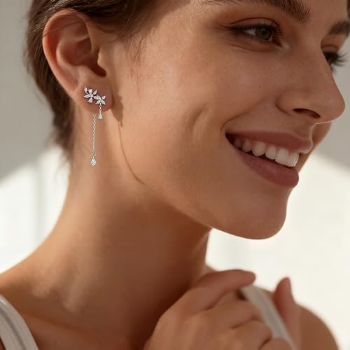 SLUYNZ 925 Sterling Silver Dainty CZ Flowers Wrap Earrings Dangle Chain for Women Elegant Dangling Earrings Bridal Earrings Wedding Engagement Drop Earrings Prom Engagement Party Jewelry - color: A-Silver