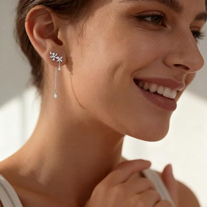 SLUYNZ 925 Sterling Silver Dainty CZ Flowers Wrap Earrings Dangle Chain for Women Elegant Dangling Earrings Bridal Earrings Wedding Engagement Drop Earrings Prom Engagement Party Jewelry - color: A-Silver