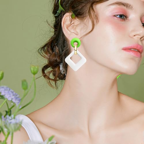 70s 80s Vintage Resin Neon Square Dangle Drop Earrings Simplicity Acrylic Hollow Round Circle Geometry Stud Earrings for Women - style: White Green