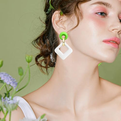 70s 80s Vintage Resin Neon Square Dangle Drop Earrings Simplicity Acrylic Hollow Round Circle Geometry Stud Earrings for Women - style: White Green