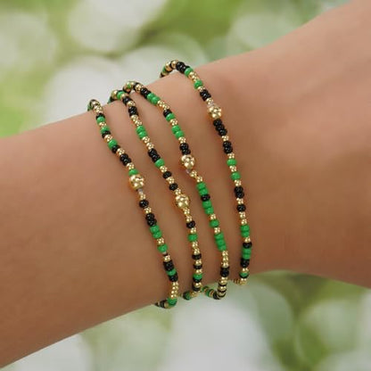 Seed Beaded Stack Bracelets Set for Women,Small Boho 4Pcs Colorful Handmade Dainty Trendy Gold Stretch Accessories Jewelry, Summer Daily Party Friendship Gift - color: Green