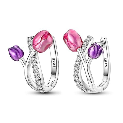 Parmuz 925 Sterling Silver Butterfly Huggies Hoop Earrings for Woman | Gold Plated Cubic Zirconia Star Moon cross Twisted huggie Hoop Post Chunky Small Tiny cuff Snake Heart Earring Gift for Her - color: Purple flower hoop earring