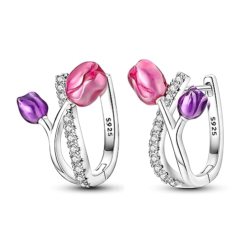 Parmuz 925 Sterling Silver Butterfly Huggies Hoop Earrings for Woman | Gold Plated Cubic Zirconia Star Moon cross Twisted huggie Hoop Post Chunky Small Tiny cuff Snake Heart Earring Gift for Her - color: Purple flower hoop earring
