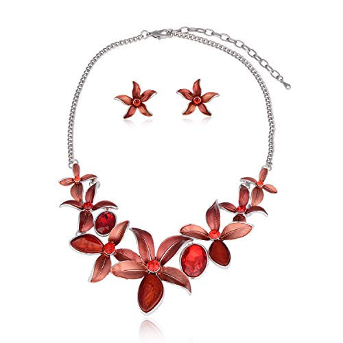 AMYJANE Vintage Statement Jewelry Set - Spring Leaf Flower Floral Plant Necklace Earring Set Crystal Rhinestone Fashion Costume Jewelry for Women Prom Party Unique Gift - style: Flower Jewelry Set Red