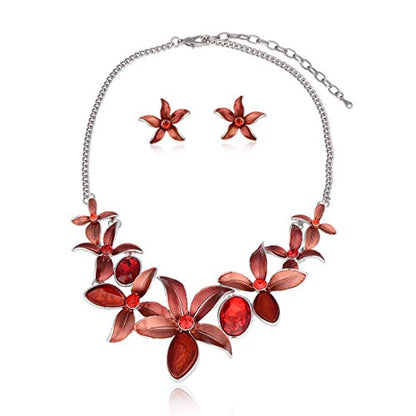 AMYJANE Vintage Statement Jewelry Set - Spring Leaf Flower Floral Plant Necklace Earring Set Crystal Rhinestone Fashion Costume Jewelry for Women Prom Party Unique Gift - style: Flower Jewelry Set Red