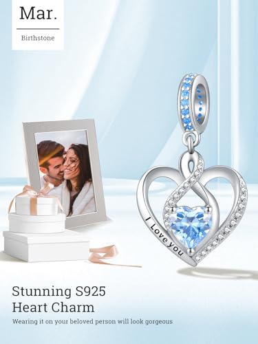 Heart Birthstone Charms for Bracelets, 925 Sterling Silver Women Bead Charms for Charm Bracelets Necklace, Mother's Day Birthday Anniversary Jewelry Gifts for Wife Mom Grandma Daughter - style: Dangle - Mar - Aquamarine