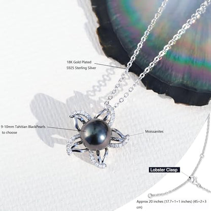 Genuine Tahitian Black Pearl Necklace for Women, 9-11mm AAAA Seawater Pearl with Sterling Silver Moissanite Pendant, Jewelry Gift for Wife, Mom, Girlfriend, Wedding Anniversary, Birthday, Christmas - size: 9-10mm, style: Starfish Design