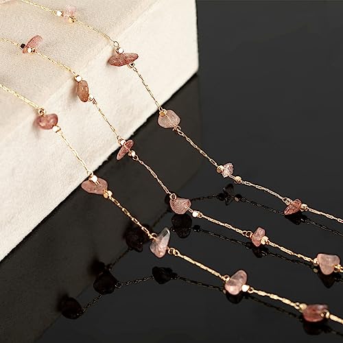 KYUNHOO 16.4FT Natural Gemstone Chain Links for Jewelry Making with Clasps | KC Gold Plated Brass Jewelry Chain Spool Handmade Natural Raw Healing Crystal Stone Chains for Necklace Making - color: Natural Stone-Strawberry