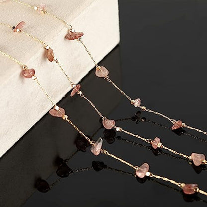 KYUNHOO 16.4FT Natural Gemstone Chain Links for Jewelry Making with Clasps | KC Gold Plated Brass Jewelry Chain Spool Handmade Natural Raw Healing Crystal Stone Chains for Necklace Making - color: Natural Stone-Strawberry