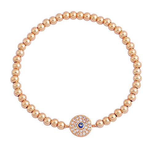 Women Evil Eye Ball chain Elastic bracelet with CZ Cubic Zirconia - color: Rose Gold