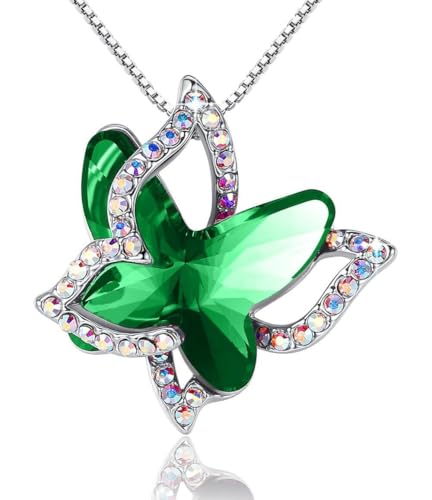 Butterfly Necklace, Birthstone Crystal, for Women, Silver Tone Pendant Jewelry, Anniversary Birthday Gift for Her, Wife & Mom, 18"+2" - color: 05-May Birthstone - Emerald Green Crystal