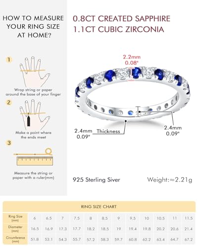 DAYBYDAY Sapphire/Emerald/Ruby Full Eternity Band Rings for Women, 2.4mm Thin Birthstone Stackable Rings, 925 Sterling Silver/14K Gold Plated Gemstone Wedding Band Anniversary Ring Size 6 to 10 - color: 09. Blue Sapphire & Cz, September