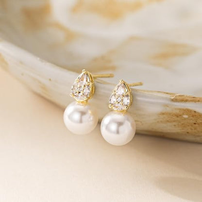 Plenky Pearl Earrings-14K Gold Plated Dainty Pearl Drop Simple Wedding CZ Dangle Dangling Cute Stud Earrings for Brides Earrings for Women Gifts - style: CZ Teardrop Pearl Earrings