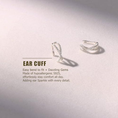 Sterling Silver Ear Cuffs Non Piercing Fake Conch Cuff Earrings for Women | 2 Pcs Adjustable Hypoallergenic Clip On Cartilage Helix Earrings with 5A Cubic Zirconia, 16K Gold Plated/Silver/Rose Gold - color: Silver