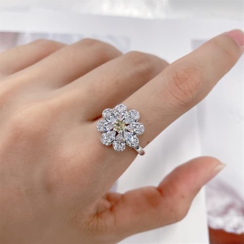 NewZenro Rhinestone Flower Adjustable Open Rings for Women Silver/Gold Plated Sparkling Crystal Floral Statement Finger Band Wrap Rings Comfort Fit Dainty Wedding Jewelry - color: Silver