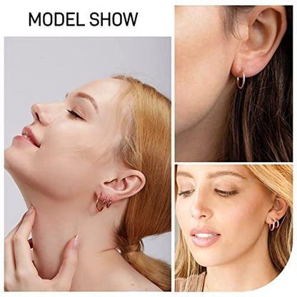 PABBEU 925 Sterling Silver Small Hoop Earrings Set for Women Hypoallergenic | 3Pairs Cubic Zirconia Small Huggie Hoop Earrings Set 13/15/20mm,Nickel-Free Lightweight Comfortable Sleeper Earrings Gift Set - color: 13/15/20mm T Rose Gold