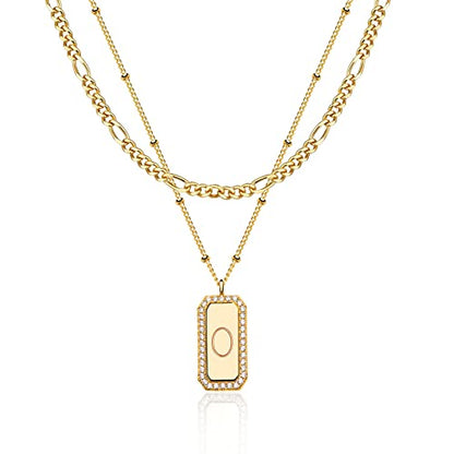 Gold Initial Necklace for Women 14K Gold Plated Figaro Chain Choker Layered Necklaces Set Bar Rectangle Pendant Necklaces Simple Dainty Letter Necklace Everyday Gold Jewelry - style: Letter O