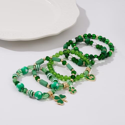 Boho Beaded Stretch Bracelets For Women Stackable Crystal Gold Plated Beaded Bracelets Set Trendy Handmade Friendship Braeclet Jewelry Gifts - color: Q-Lucky Green Set