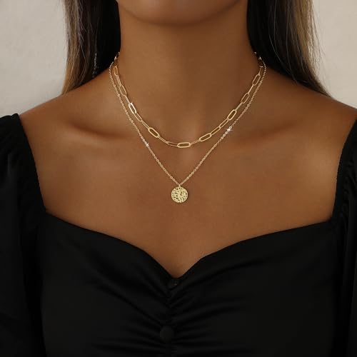 Layered Necklaces for Women 14K Gold Plated Stack Circle Pendant Trendy Long Chain Stackable Handmade Coin Necklace Set Dainty Gold Stacked Jewelry Gifts - color: Gold-3
