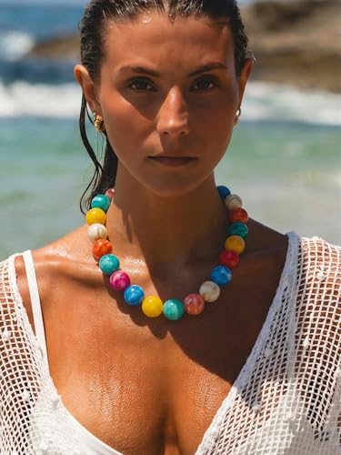 Chunky Beaded Necklaces for Women Statement Necklace | Bold Chunky Choker, Large Resin Beads, Adjustable Necklace, Boho Trendy Summer Beach Holiday Jewelry - color: Colorful-03