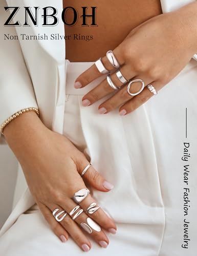 12 PCS Chunky Gold Stackable Rings for Women Non Tarnish 18K Gold Plated Statement Ring Stack Set Silver Adjustable Stacking Thumb Knuckle Band Dainty Open Rings Signet Cute Jewelry Gift - color: 12Pcs Silver