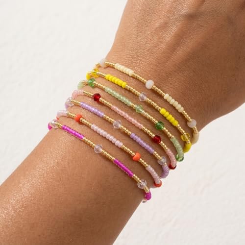 Colorful Stackable Rice Small Mini Seed Beaded Bracelets Set For Women, Handmade Dainty Boho Gold Glass Stretch Accessories Jewelry,Summer Beach Party Daily Friendship Gift - color: 7Pcs Gold Crystal