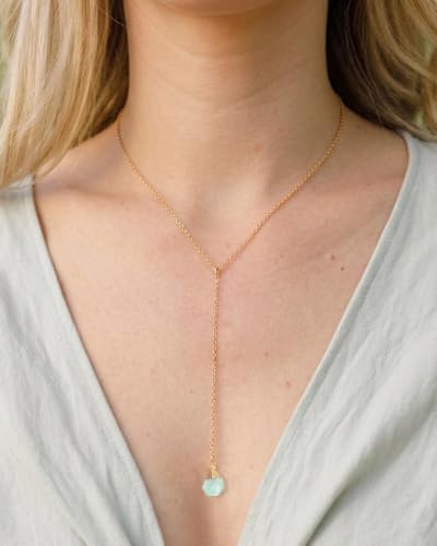 Lariat Necklace for Women Dainty Gold Long Crystal Drop Y-Shaped Necklace | 14k Gold Plated Crystal Drop Necklace Trendy Non Tarnish Simple Gold Jewelry For Wedding, Prom, Daily - color: Peridot