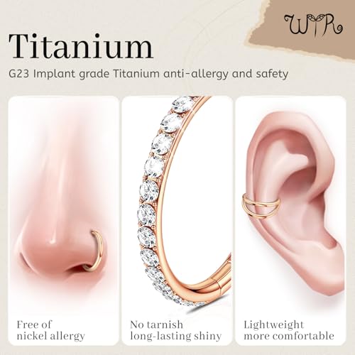 WYR 3Pcs Hypoallergenic Titanium Nose Rings for Women Men 16G 18G 20G | Black/Gold/Silver Seamless Septum Ring CZ & Double Hoop Clicker Conch Earrings Cartilage Piercing Jewelry 7mm 8mm 10mm - color: Rose Gold, size: 16g 7mm
