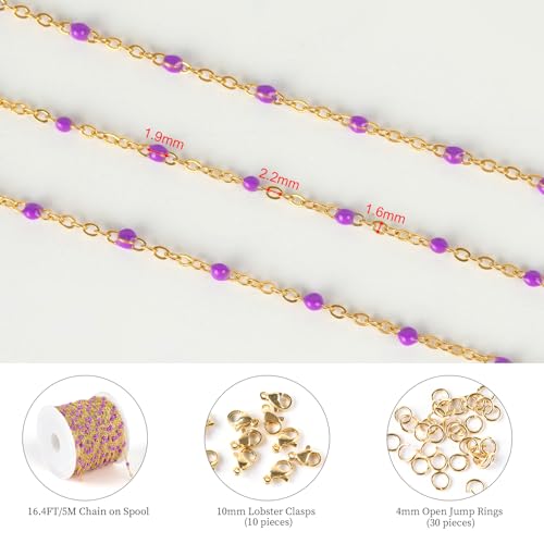 KYUNHOO 5 Meters Gold Stainless Steel Chains for Jewelry Making with Clasps | Purple Enamel Beaded Chain Roll Necklace Bracelet Making Supplies Small Gold Cable Chain Link - color: Gold-Purple-2mm
