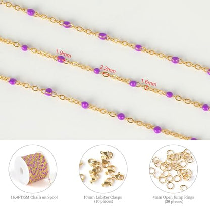 KYUNHOO 5 Meters Gold Stainless Steel Chains for Jewelry Making with Clasps | Purple Enamel Beaded Chain Roll Necklace Bracelet Making Supplies Small Gold Cable Chain Link - color: Gold-Purple-2mm