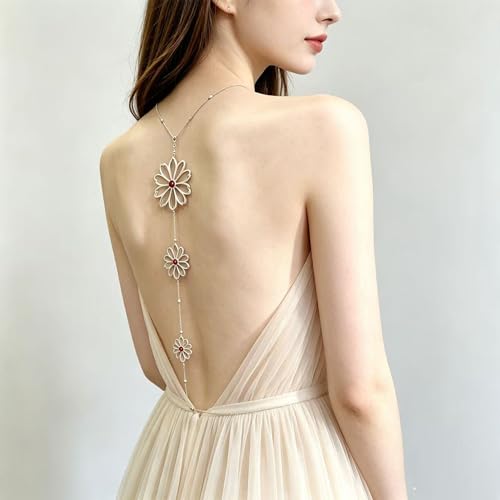 Back Body Chain for Women Boho Pearl Cross Flower Back Drop Necklace Adjustable Y-Shaped Lariat Back Jewelry - color: Silver
