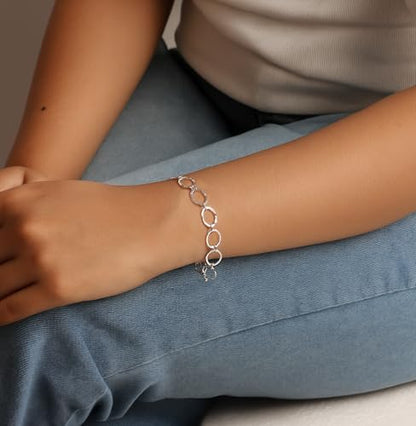 LeCalla 925 Sterling Silver Hammered Link Bracelets for Women | Handmade Bohemian Textured Chain & Oval Link Bracelet | Women's Adjustable Paperclip, Circle & Oval Hammered Bracelets - color: T Bar Oval Link