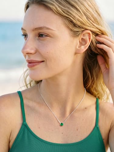 Silvora Heart/Round Birthstone Necklace for Women, Sparkling Crystal Pendant, Dainty Birth Month Jewelry, Adjustable 16"+2" Chain - color: Silver, style: May Round